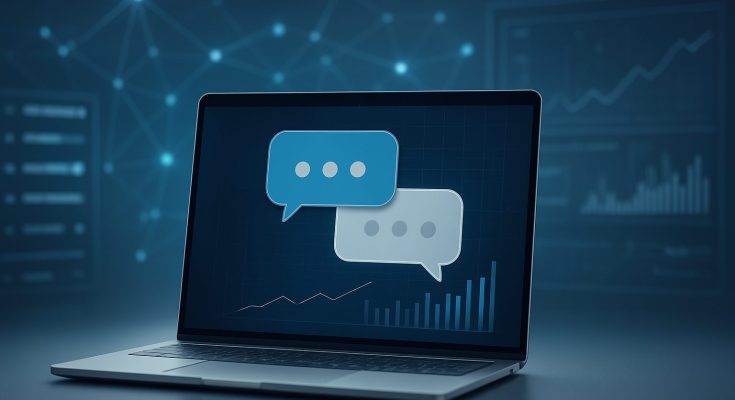 A digital display on a laptop showing chat bubbles and a growth chart background